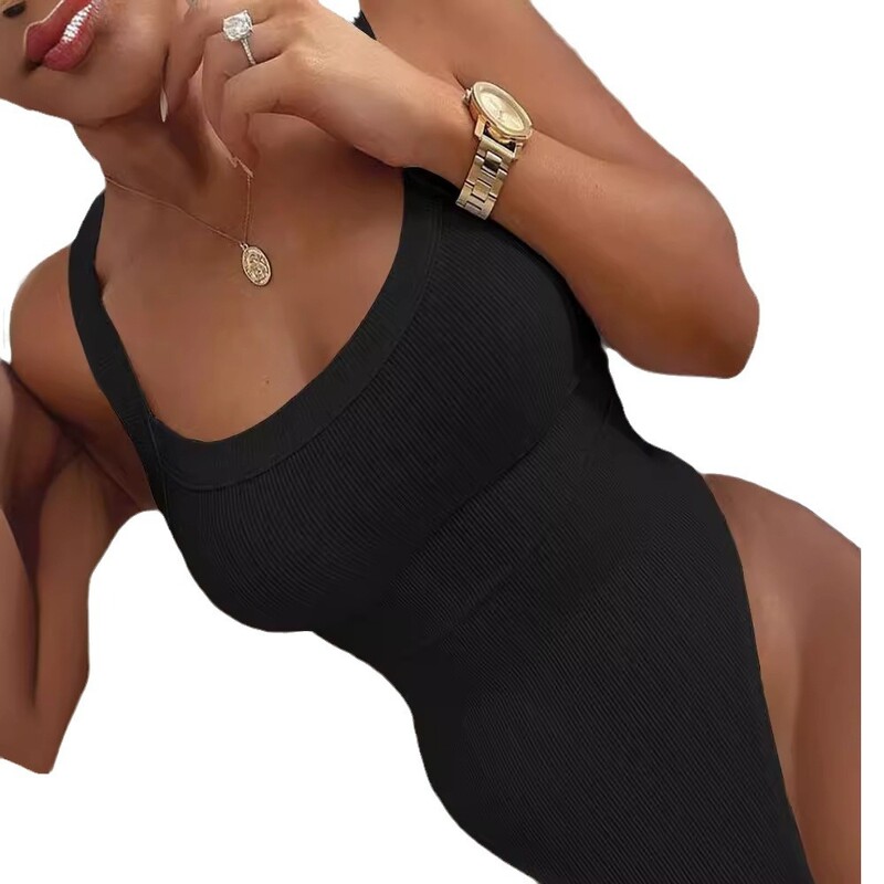Bodijs ar U veida kakla piedurknēm bez piedurknēm, sieviešu vienkrāsains, seksīgs bodijs ar rombām, jauns
