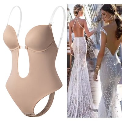 Sutien modelator invizibil Body sexy Corset fără spate Decolteu în V adânc în formă de U Tanga în talie Trainer cu curea transparentă Îmbrăcăminte de modelare Push Up căptușită