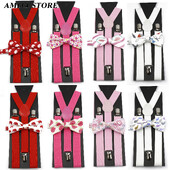 Modni uniseks komplet naramenica s crvenim ružičastim bijelim naramenicama s cvjetnim crtanim motivima, pamučnom leptir mašnom, elastičnim Y-leđima, muškim naramenicama za zabavu