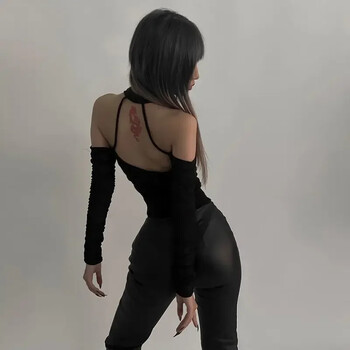 Y2K Body Off Shoulder Hollow-out Slim Bodycon μπλουζάκια Σέξι γυναικείο κορμάκι Slim Halter Γυναικείο μπλουζάκι με μακρυμάνικο λαιμόκοψη V