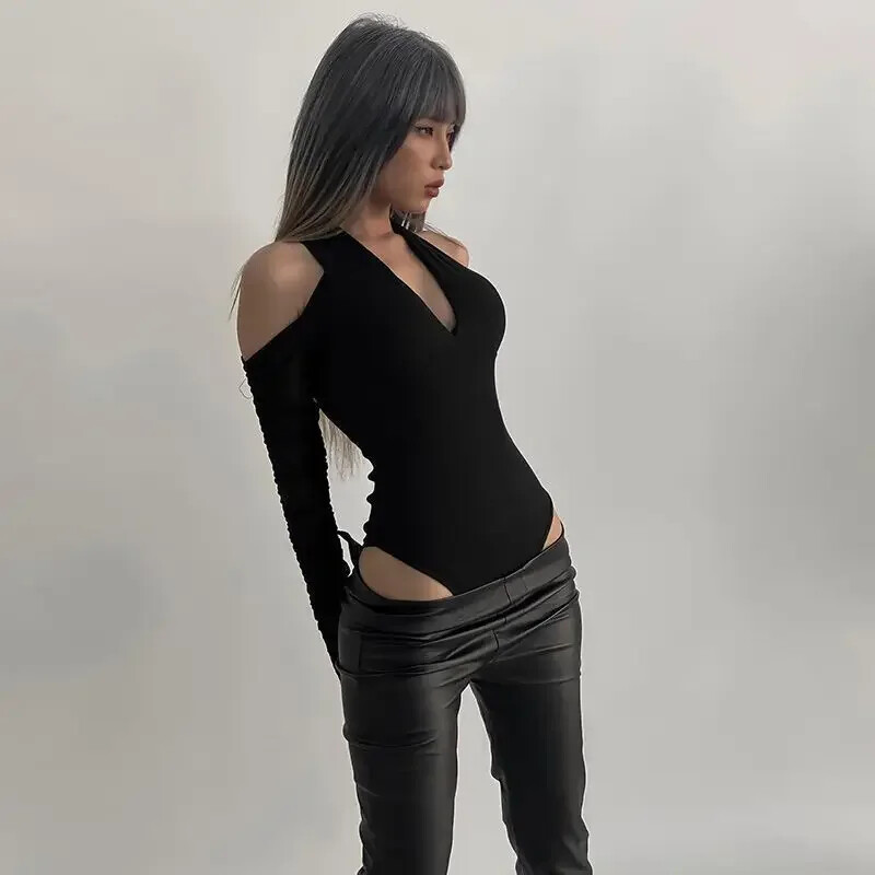 Y2K Body Off plec, Dobs-out Slim Bodycon Tops Sexy Sieviešu Bodijs Slim Halter Zema Piegriezuma V veida kakla izgriezums Sieviešu T-krekls ar garām piedurknēm