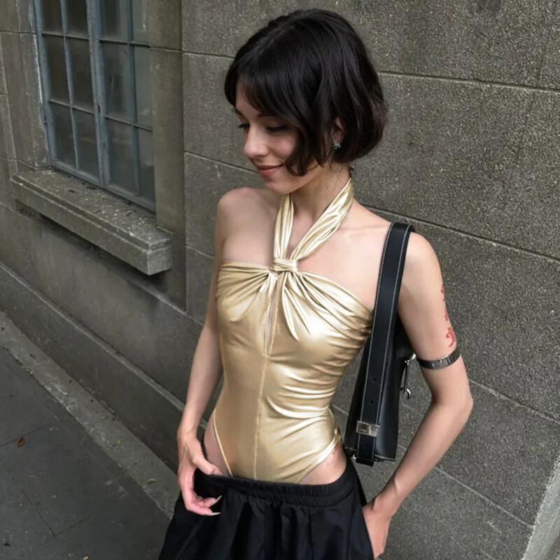 Sexy Bandage Bodysuit bez aizmugures zelta bez piedurknēm Y2K apģērbi Bodycon Top Halter Backless Street 2024 New Coquette Chic Bodysuits