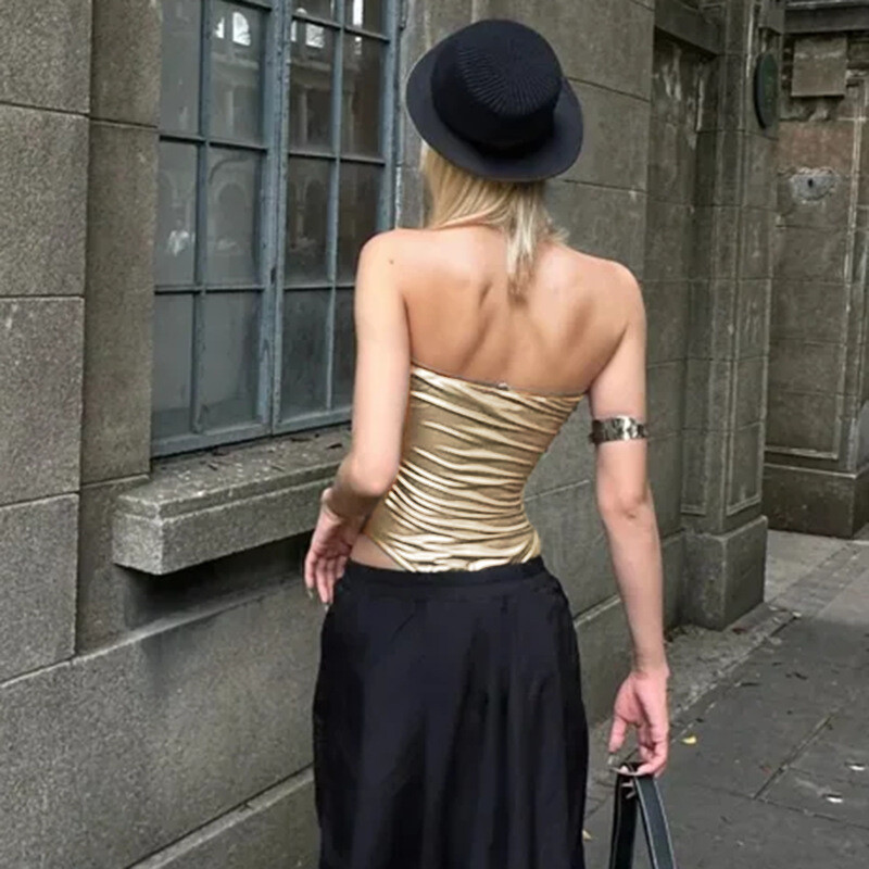 Sexy Bandage Bodysuit bez aizmugures zelta bez piedurknēm Y2K apģērbi Bodycon Top Halter Backless Street 2024 New Coquette Chic Bodysuits