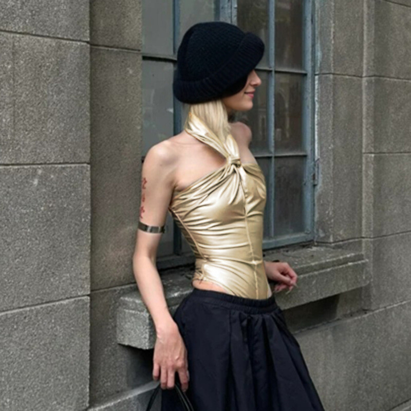 Sexy Bandage Bodysuit bez aizmugures zelta bez piedurknēm Y2K apģērbi Bodycon Top Halter Backless Street 2024 New Coquette Chic Bodysuits