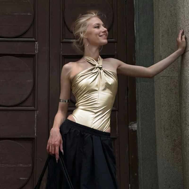 Sexy Bandage Bodysuit bez aizmugures zelta bez piedurknēm Y2K apģērbi Bodycon Top Halter Backless Street 2024 New Coquette Chic Bodysuits