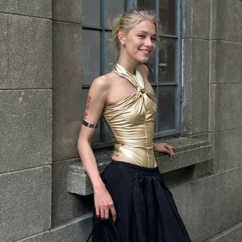 Sexy Bandage Bodysuit bez aizmugures zelta bez piedurknēm Y2K apģērbi Bodycon Top Halter Backless Street 2024 New Coquette Chic Bodysuits