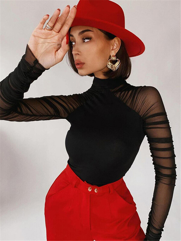 Shestyle mrežasti bodi s punim rukavima s lažnim izrezom za žene Crni patchwork rastezljivi, elegantni romantični prozračni bodi, osnovni gornji dijelovi