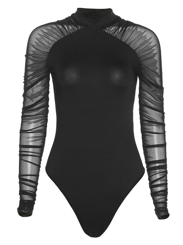 Shestyle mrežasti bodi s punim rukavima s lažnim izrezom za žene Crni patchwork rastezljivi, elegantni romantični prozračni bodi, osnovni gornji dijelovi