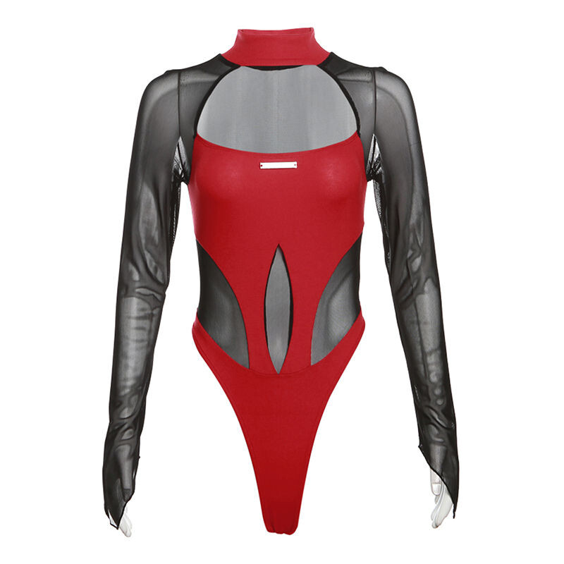 Spicy Girl Mesh Splice T-shirt dugih rukava Ženske tanke jednodijelne donje majice Seksi novi crveni visoki bodi Party Streetwear