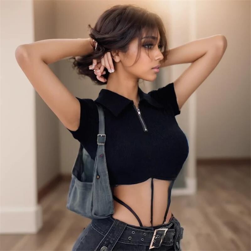 Sieviešu ar īsām piedurknēm perspektīvas tīklveida bodijs, sieviešu apģērbs, melns, ciets, rāvējslēdzējs, seksīgs vasaras ielas Y2k bodijs, melns
