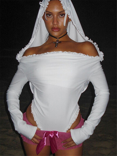 Shestyle White Hooded Slash Kakla Bodijs Sieviešu Masīvs Mežģīņu Bow Holy Hot Top Off Plecu apakšveļa Nakts klubs Fantāzijas pavasaris