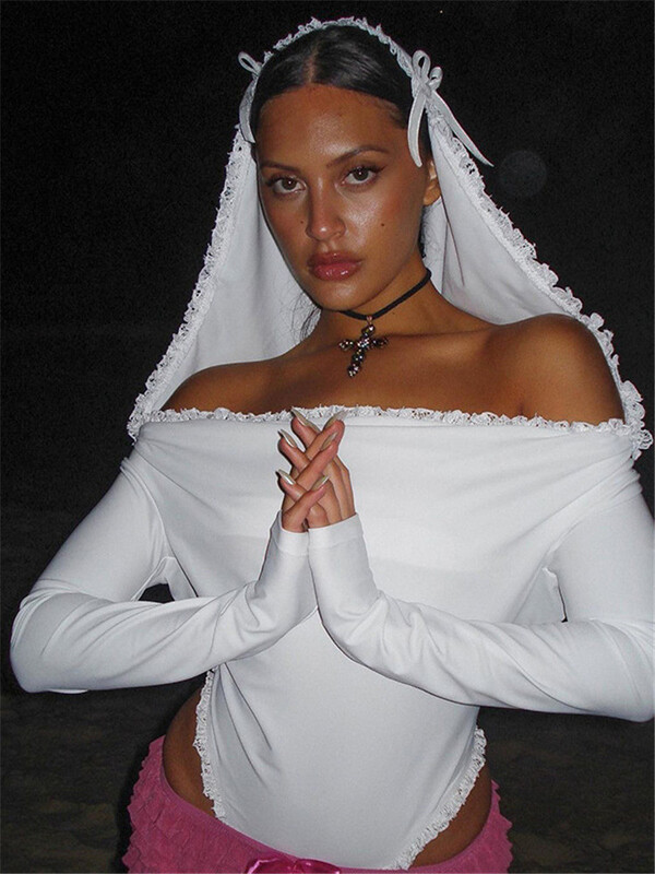 Shestyle White Hooded Slash Kakla Bodijs Sieviešu Masīvs Mežģīņu Bow Holy Hot Top Off Plecu apakšveļa Nakts klubs Fantāzijas pavasaris