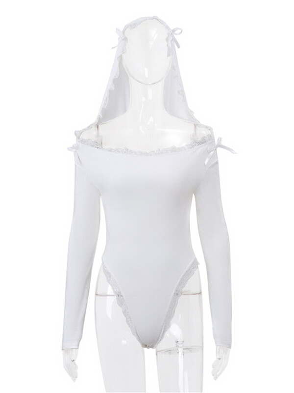 Shestyle White Hooded Slash Kakla Bodijs Sieviešu Masīvs Mežģīņu Bow Holy Hot Top Off Plecu apakšveļa Nakts klubs Fantāzijas pavasaris