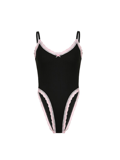 Kontrasts, mežģīņu apdare, bantīte bez piedurknēm V kakla izdilis, salds, seksīgs, melns bodijs sievietēm, jauks Kawaii 2000. gadu apģērbs