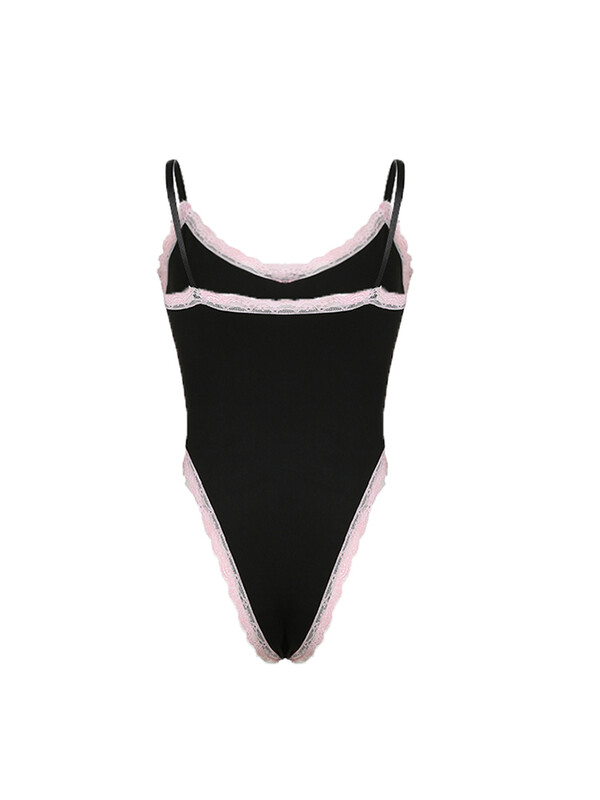 Kontrasts, mežģīņu apdare, bantīte bez piedurknēm V kakla izdilis, salds, seksīgs, melns bodijs sievietēm, jauks Kawaii 2000. gadu apģērbs