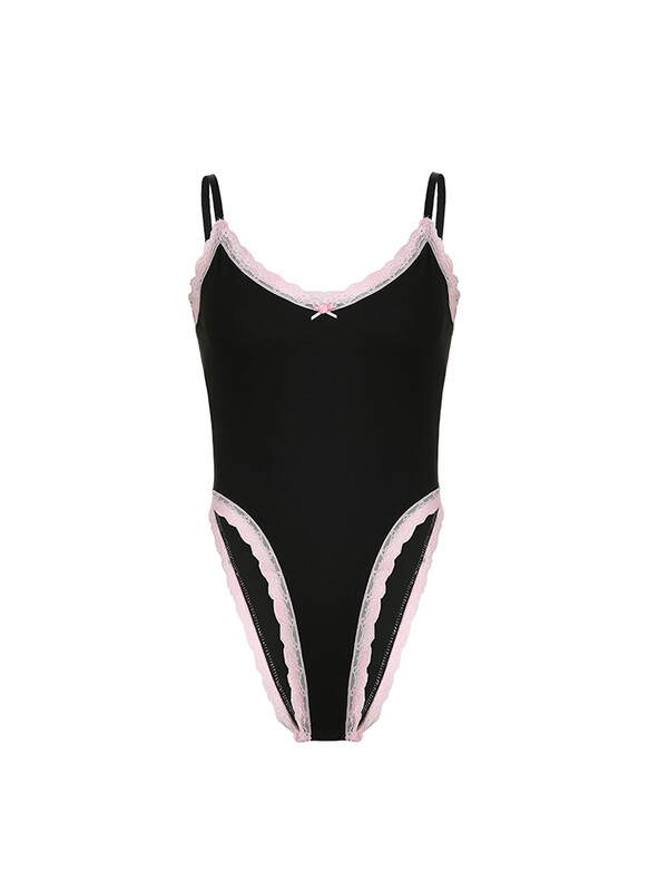 Kontrasts, mežģīņu apdare, bantīte bez piedurknēm V kakla izdilis, salds, seksīgs, melns bodijs sievietēm, jauks Kawaii 2000. gadu apģērbs