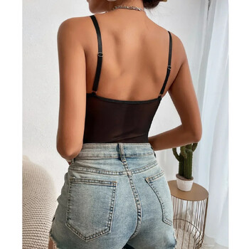 Μαύρο Skinny See Thorugh One Pieces Bodysuit για γυναίκες Σέξι ρυθμιζόμενο λουράκι με επένδυση Push Up σουτιέν Romper Playsuits