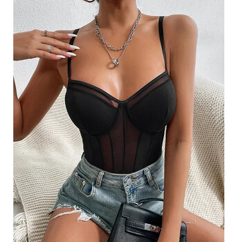 Μαύρο Skinny See Thorugh One Pieces Bodysuit για γυναίκες Σέξι ρυθμιζόμενο λουράκι με επένδυση Push Up σουτιέν Romper Playsuits