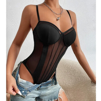 Μαύρο Skinny See Thorugh One Pieces Bodysuit για γυναίκες Σέξι ρυθμιζόμενο λουράκι με επένδυση Push Up σουτιέν Romper Playsuits