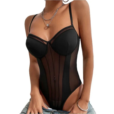 Body negru Skinny See Thorugh dintr-o bucată pentru femei, sexy, cu bretele ajustabile, căptușit, sutien push-up, salopetă