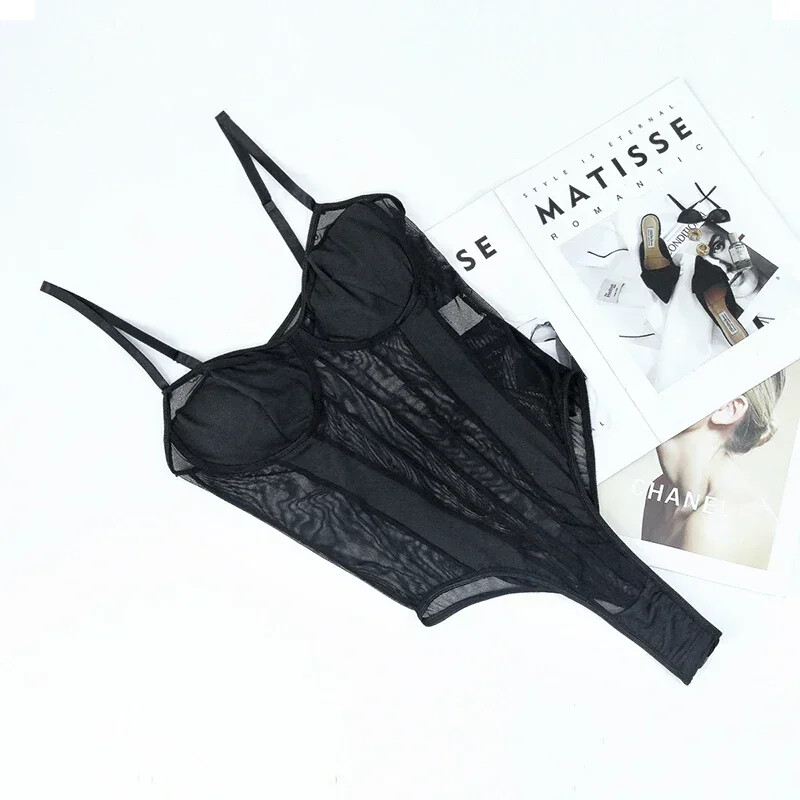 Čierne úzke priehľadné jednodielne body pre ženy, sexy nastaviteľné ramienka, vystužená push-up podprsenka, overaly