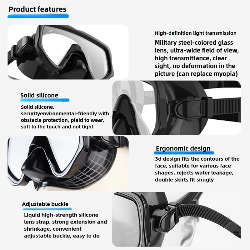 Sausā snorkelēšanas komplekta niršanas maska pieaugušajiem rūdīta stikla profesionāla panorāmas snorkelēšanas aprīkojuma peldēšanas apmācības snorkelēšanas komplekts