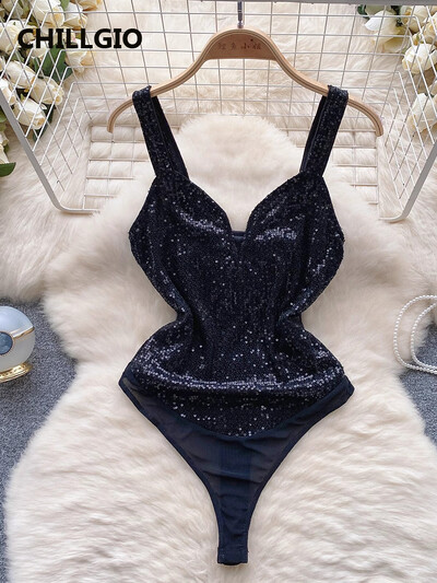 CHILLGIO Sieviešu seksīgi mirdzoši fliteri, bodijs ballītei, viengabala kombinācija, šauras zeķubikses, modes siksnas.