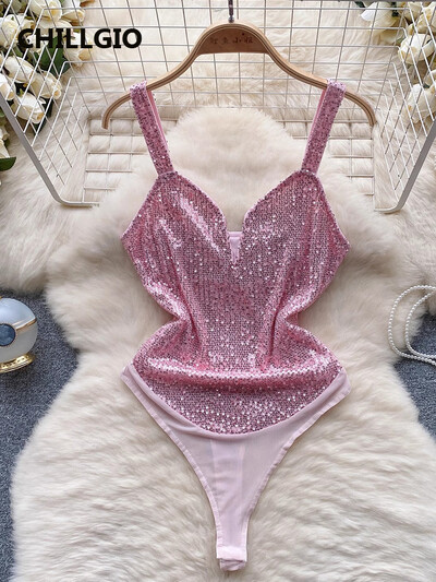 CHILLGIO Sieviešu seksīgi mirdzoši fliteri, bodijs ballītei, viengabala kombinācija, šauras zeķubikses, modes siksnas.
