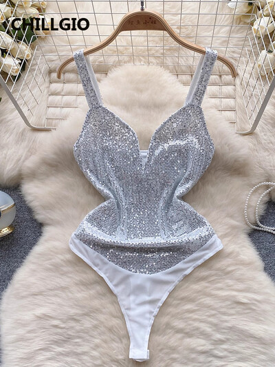 CHILLGIO Sieviešu seksīgi mirdzoši fliteri, bodijs ballītei, viengabala kombinācija, šauras zeķubikses, modes siksnas.
