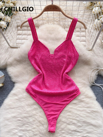 CHILLGIO Sieviešu seksīgi mirdzoši fliteri, bodijs ballītei, viengabala kombinācija, šauras zeķubikses, modes siksnas.