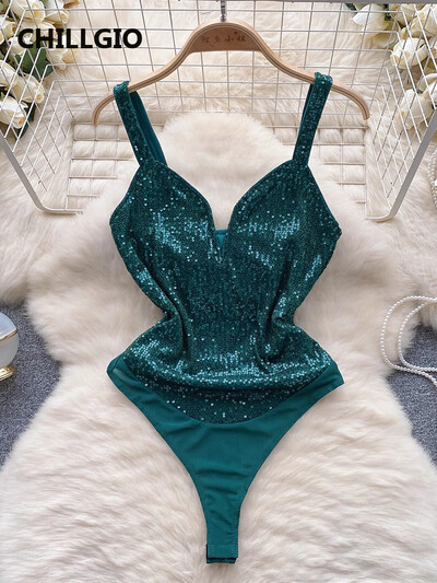 CHILLGIO Sieviešu seksīgi mirdzoši fliteri, bodijs ballītei, viengabala kombinācija, šauras zeķubikses, modes siksnas.