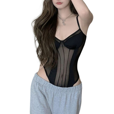 Salopetă cu plasă subțire pentru femei de culoare solidă, sexy, slim, la modă, de vară, cu bretele într-o singură bucată, salopete cu camisole