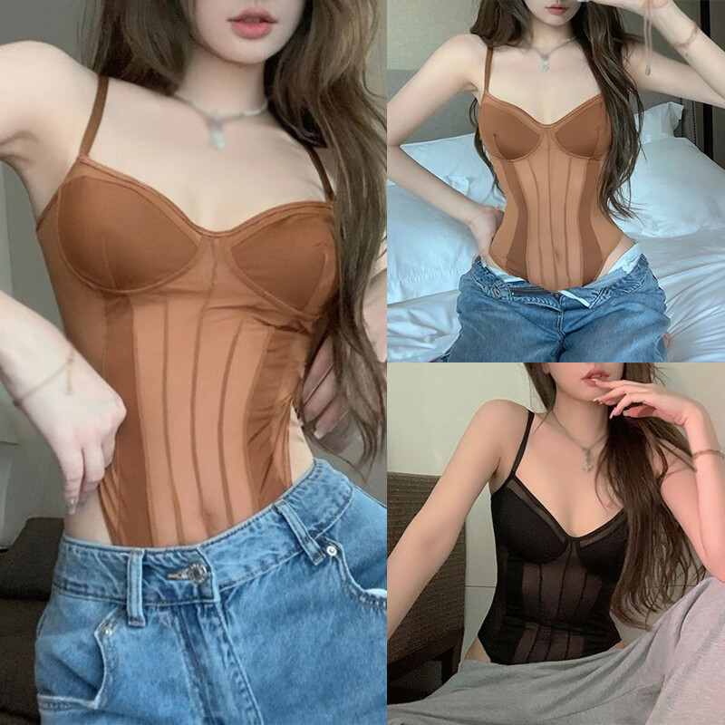 Salopetă cu plasă subțire pentru femei de culoare solidă, sexy, slim, la modă, de vară, cu bretele într-o singură bucată, salopete cu camisole