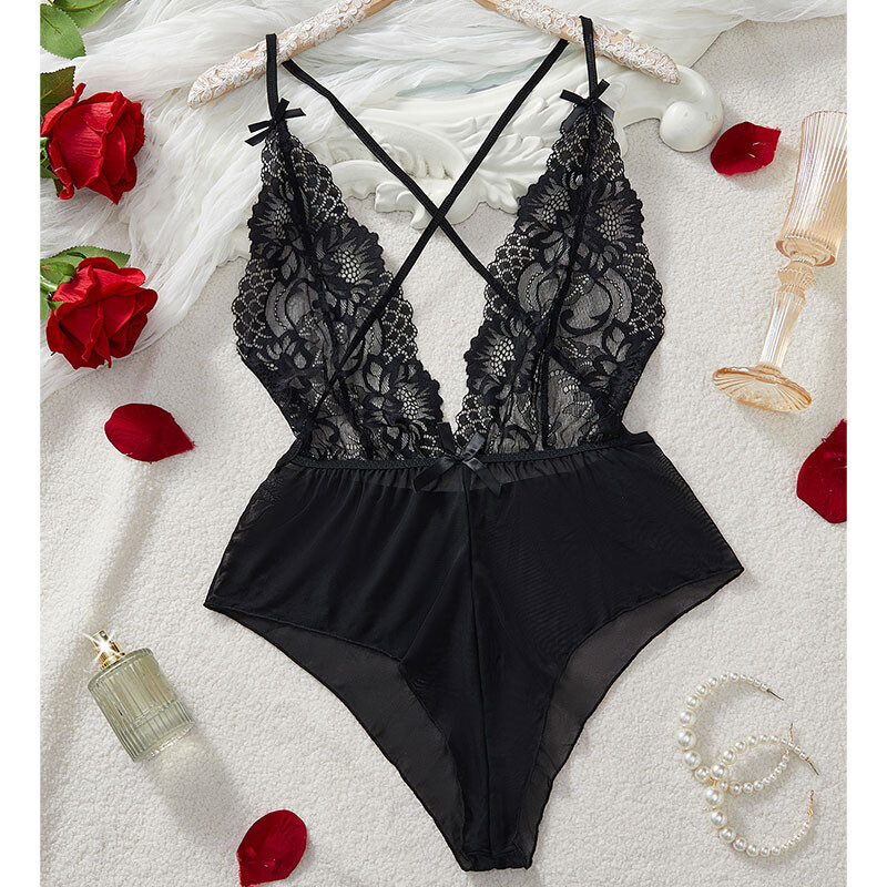 Ținută sexy Lenjerie de corp în V adânc, de vară, pentru femei, din dantelă subțire, cămașă de noapte sexy, Ropa Y2k, Topuri, Body, fără crotch