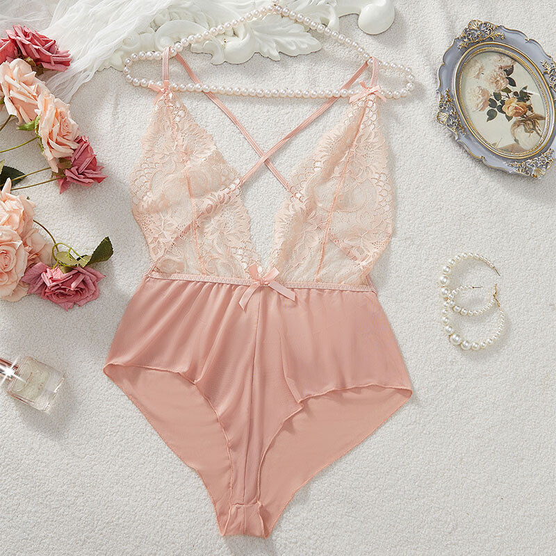 Ținută sexy Lenjerie de corp în V adânc, de vară, pentru femei, din dantelă subțire, cămașă de noapte sexy, Ropa Y2k, Topuri, Body, fără crotch