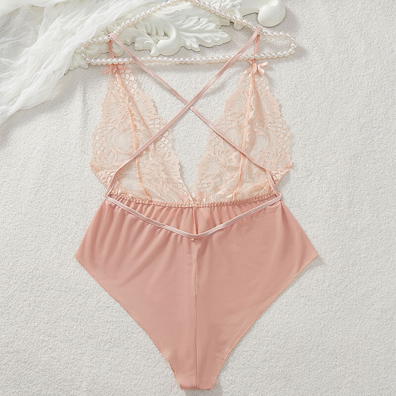 Ținută sexy Lenjerie de corp în V adânc, de vară, pentru femei, din dantelă subțire, cămașă de noapte sexy, Ropa Y2k, Topuri, Body, fără crotch