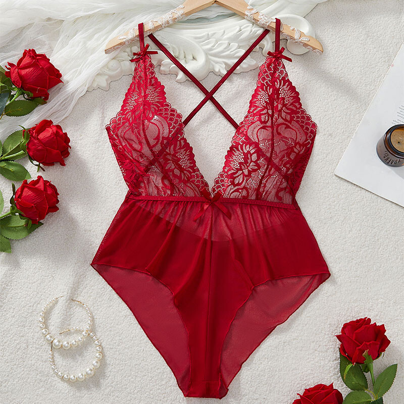 Ținută sexy Lenjerie de corp în V adânc, de vară, pentru femei, din dantelă subțire, cămașă de noapte sexy, Ropa Y2k, Topuri, Body, fără crotch