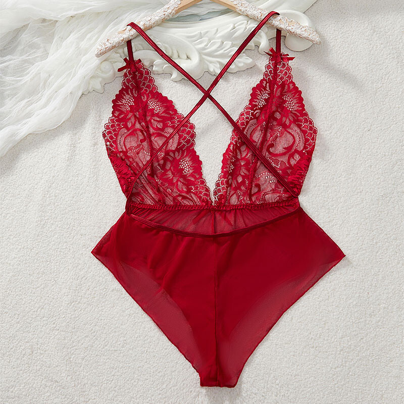 Ținută sexy Lenjerie de corp în V adânc, de vară, pentru femei, din dantelă subțire, cămașă de noapte sexy, Ropa Y2k, Topuri, Body, fără crotch