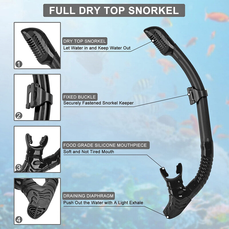 Dry Snorkel Set Niršanas maska Profesionālas ar akvalangu peldēšanas aizsargbrilles pret noplūdi pret miglas platuma skata rūdīta stikla lēcas pieaugušajiem jauniešiem