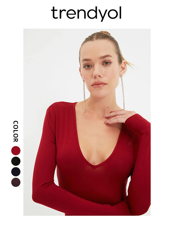 Trendyol TYZA Body tricotat pentru femei, cu decolteu în V adânc, cu închidere, primăvară, toamnă, croială elastică, mâneci lungi, topuri sexy