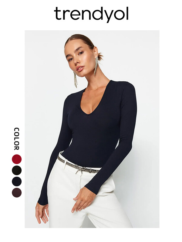 Trendyol TYZA Body tricotat pentru femei, cu decolteu în V adânc, cu închidere, primăvară, toamnă, croială elastică, mâneci lungi, topuri sexy
