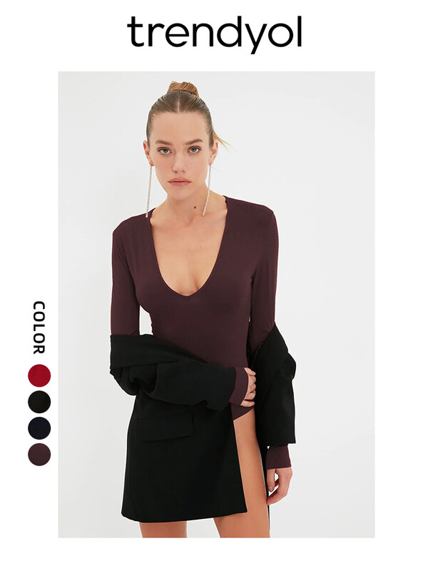 Trendyol TYZA Body tricotat pentru femei, cu decolteu în V adânc, cu închidere, primăvară, toamnă, croială elastică, mâneci lungi, topuri sexy