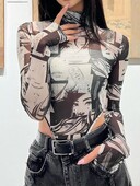 Skatiet cauri Bodiju apdrukai Apakšveļa Seksīga Body Body Feminino Garām Piedurknēm Lenceria Femenina Melns Modes Trends Sieviešu apģērbi