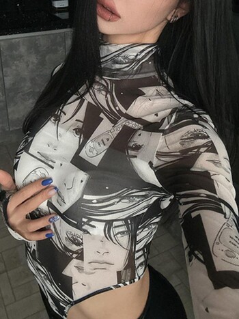 See Through Bodysuit Printing Εσώρουχα Sexy Body Feminino μακρυμάνικο Lenceria Femenina Μαύρες τάσεις μόδας Γυναικεία ρούχα