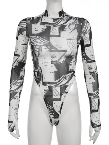 See Through Bodysuit Printing Εσώρουχα Sexy Body Feminino μακρυμάνικο Lenceria Femenina Μαύρες τάσεις μόδας Γυναικεία ρούχα