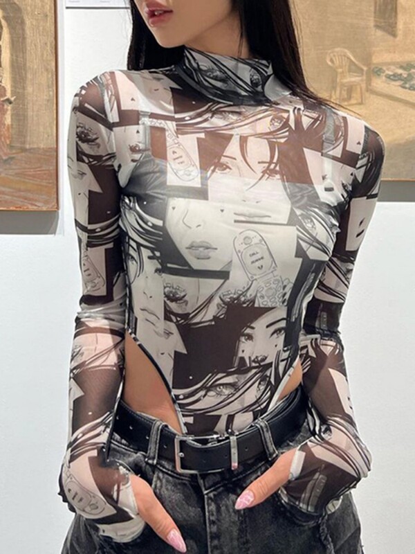 Skatiet cauri Bodiju apdrukai Apakšveļa Seksīga Body Body Feminino Garām Piedurknēm Lenceria Femenina Melns Modes Trends Sieviešu apģērbi