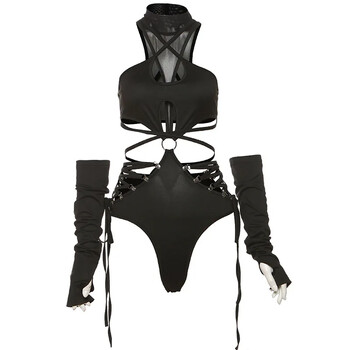 Επίδεσμος Hollow Out Σέξι φόρμες Cyber Y2k Gothic Techwear Διχτυωτές μπλούζες Γυναικείο μανίκι μανίκι Mock λαιμόκοψη