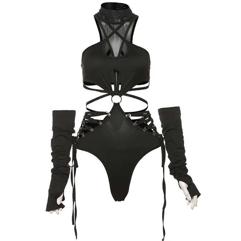 Bandaj scobit sexy Cyber Y2k Bodysuits Gotic Techwear Mesh Patchwork Topuri Femeie Mănușă mâneci Body cu gât fals
