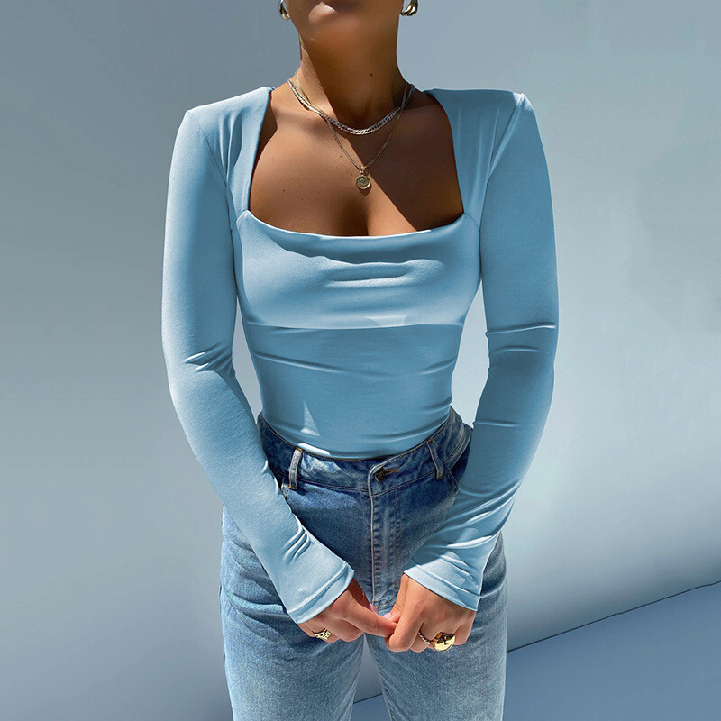 Seksīgs bodijs ar garām piedurknēm Sieviešu bodijs ar garām piedurknēm Body Body Ielas apģērbs Drop shipping Fore Fair Bodycon Square Neck Sheath Crotch Basic kombinezoni