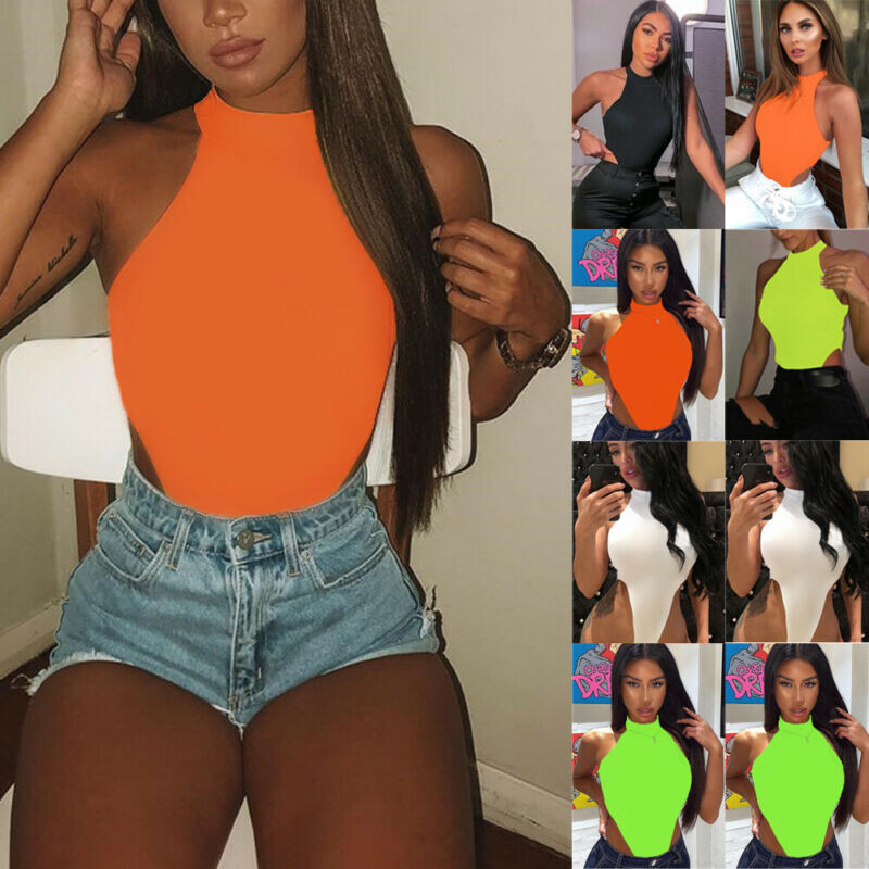 Femei, dama, sexy, fără mâneci, de culoare solidă, cu croiala înaltă, subțire, skinny, bodycon, club, plajă, moda, body cu halter tricou